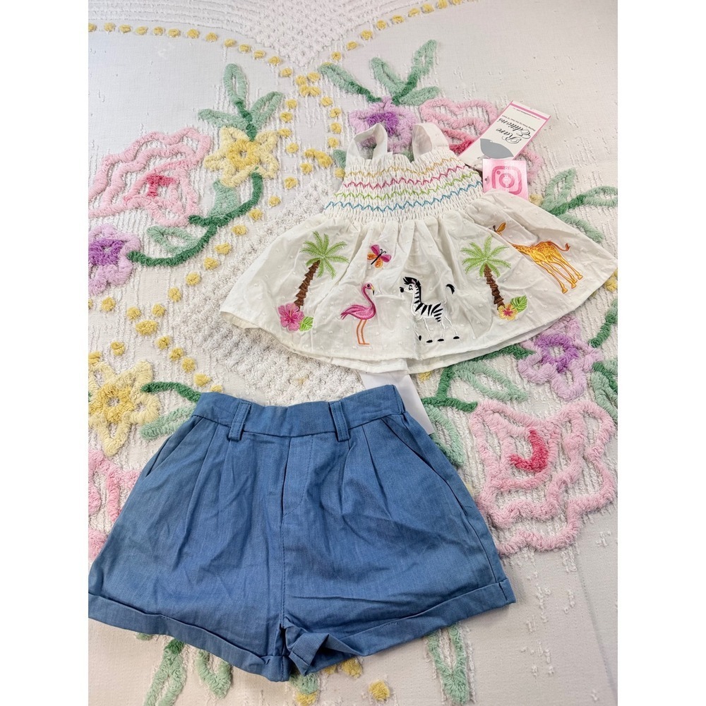 Rare Editions Girls White Smocked Safari Animal Embroidered Dress Denim Set 4T